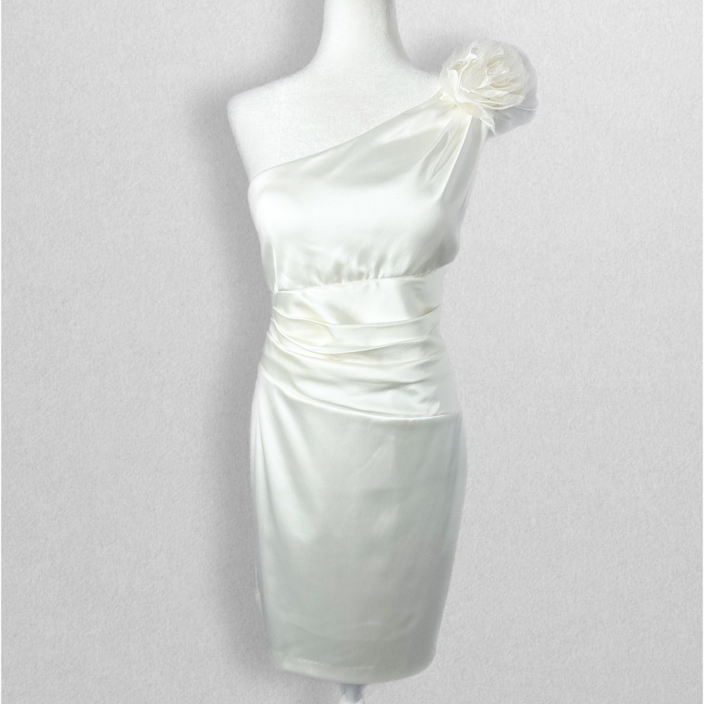 Betsy & Adam Satin Ivory One Shoulder Flower Accent Ruched Dress Women's Size 12
